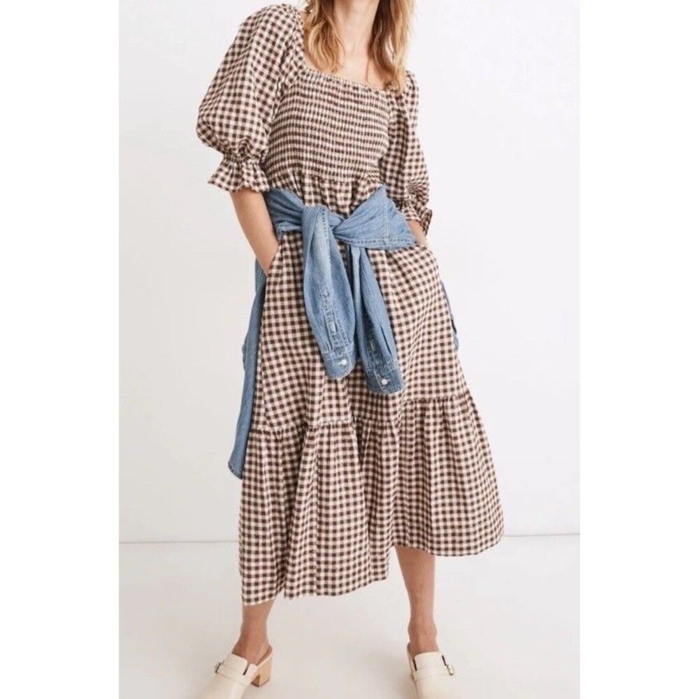 Madewell Lucie Smocked Gingham Midi Dress Brown White Puff Sleeve Cotton Sz XXS - Picture 1 of 16